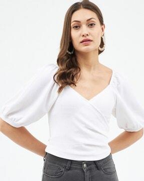 v-neck top with puff sleeves