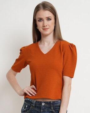 v-neck top with puff sleeves