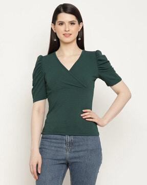 v-neck top with puff sleeves