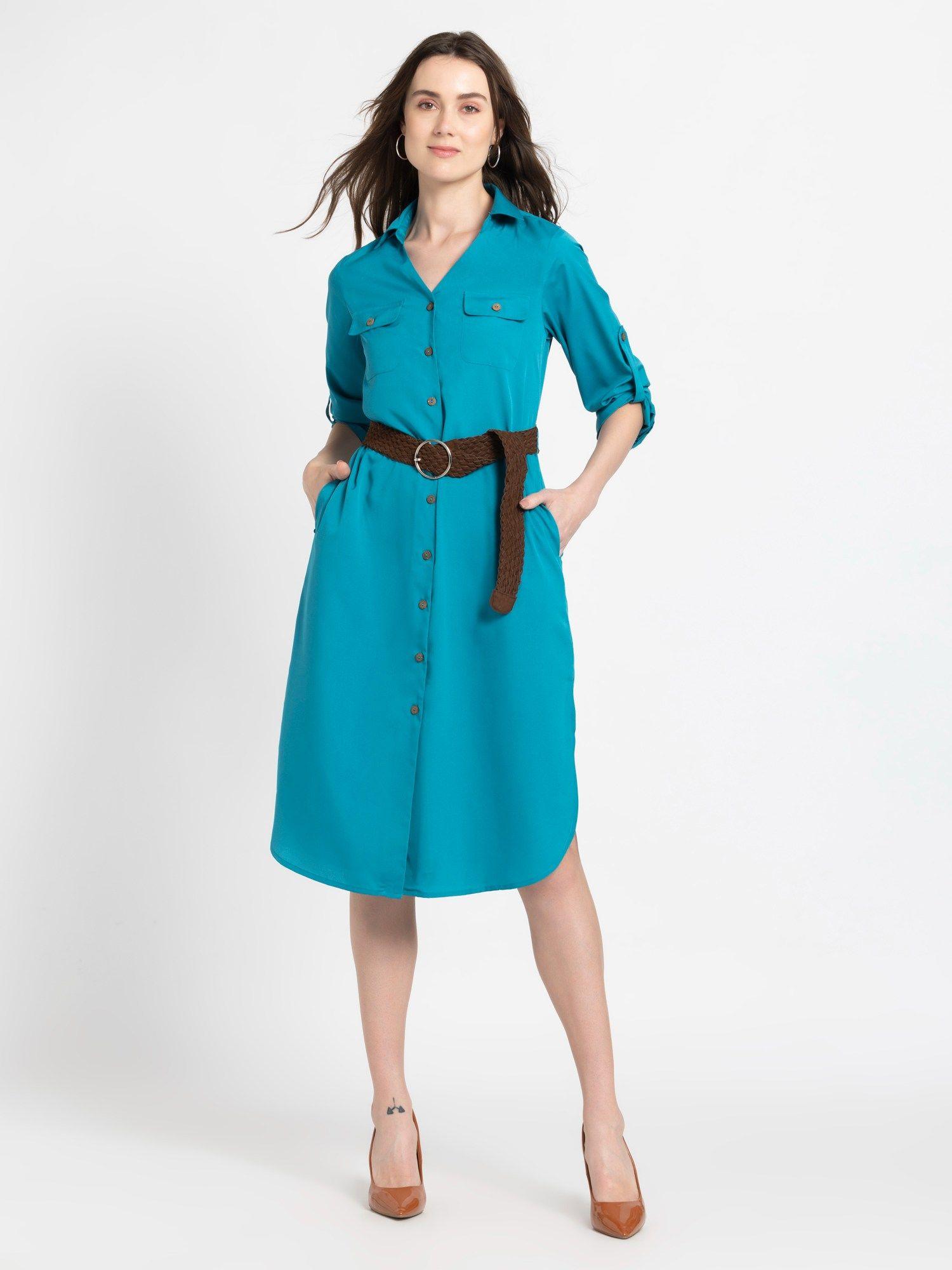 v-neck turquoise blue solid casual knee length dress with belt for women (set of 2)