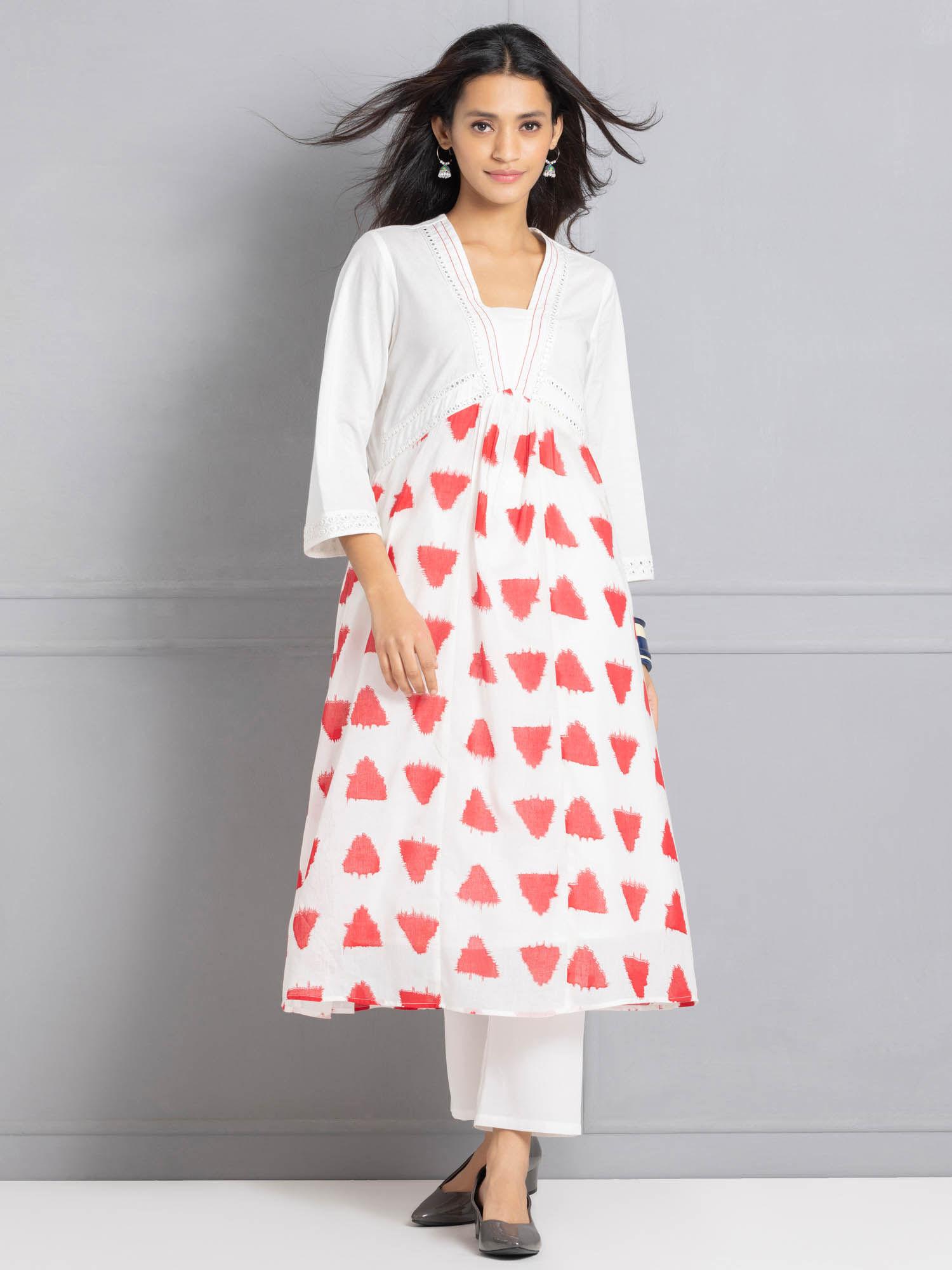 v-neck white & red ikat printed mirror work ethnic kurta for women