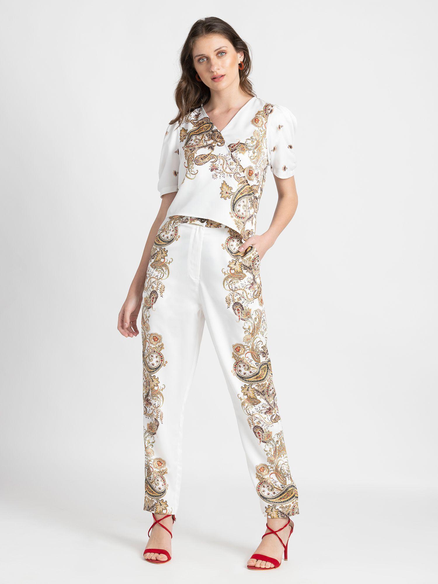 v-neck white and gold top and trouser casual co-ords for women (set of 2)