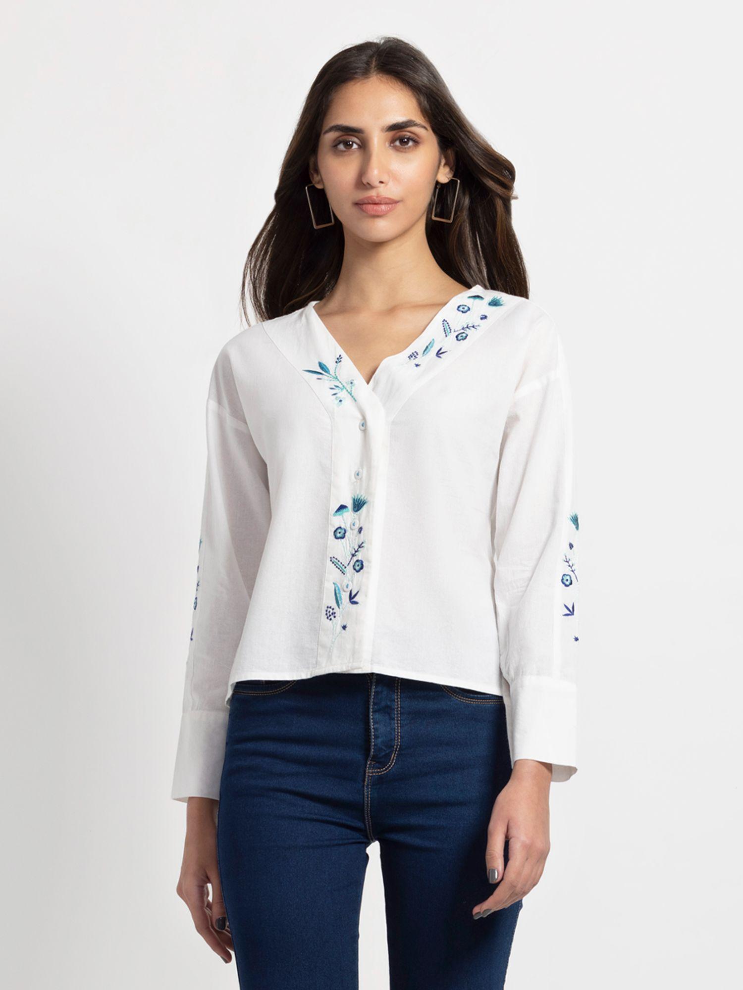 v-neck white embroidered long sleeves casual shirt for women