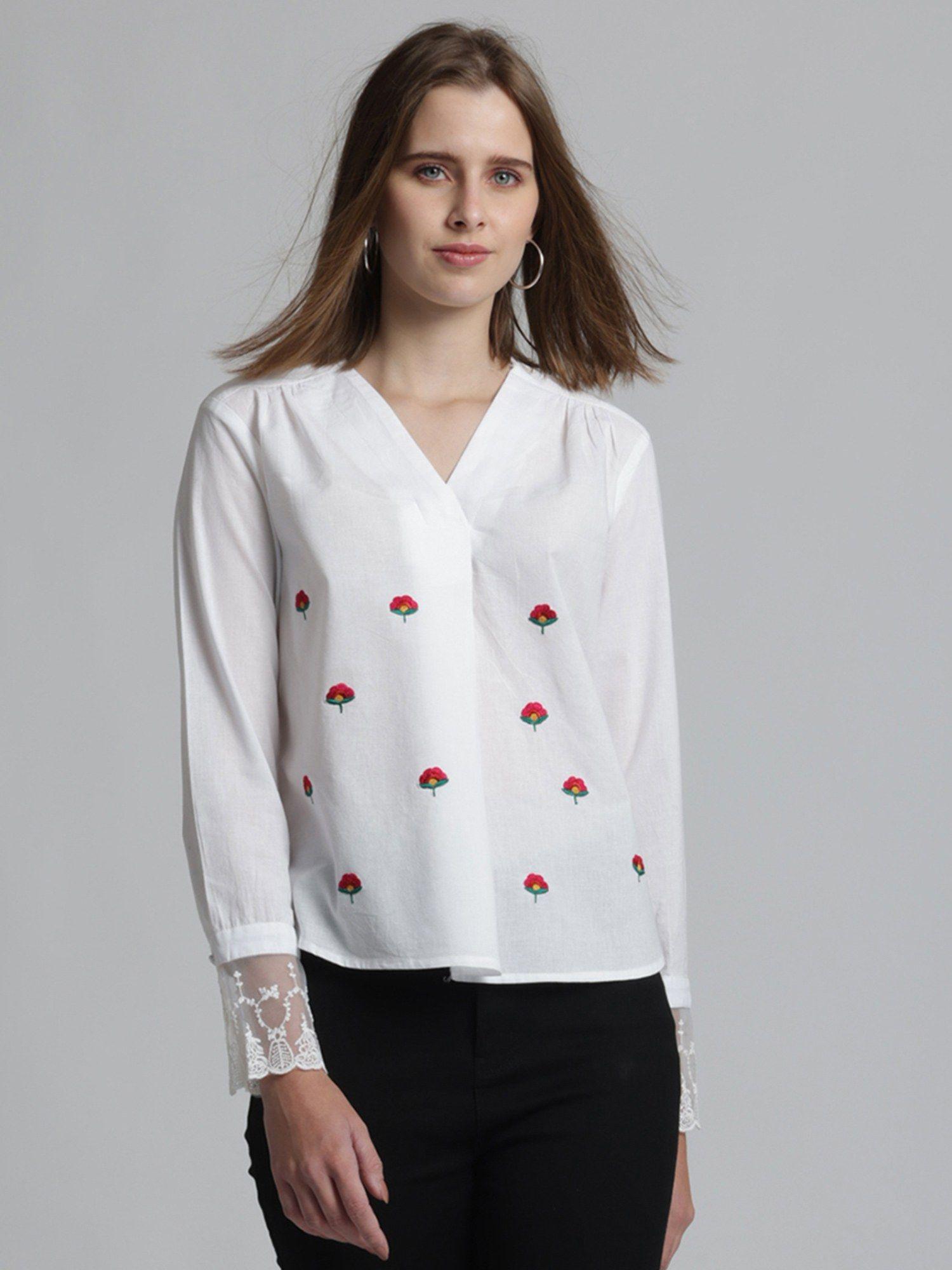 v-neck white embroidered long sleeves casual top for women