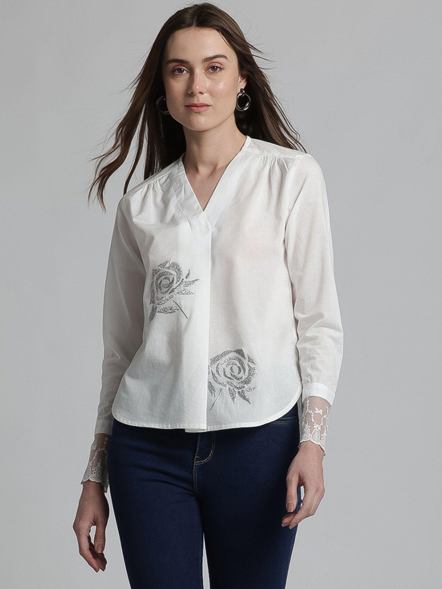 v-neck white embroidered long sleeves casual top for women