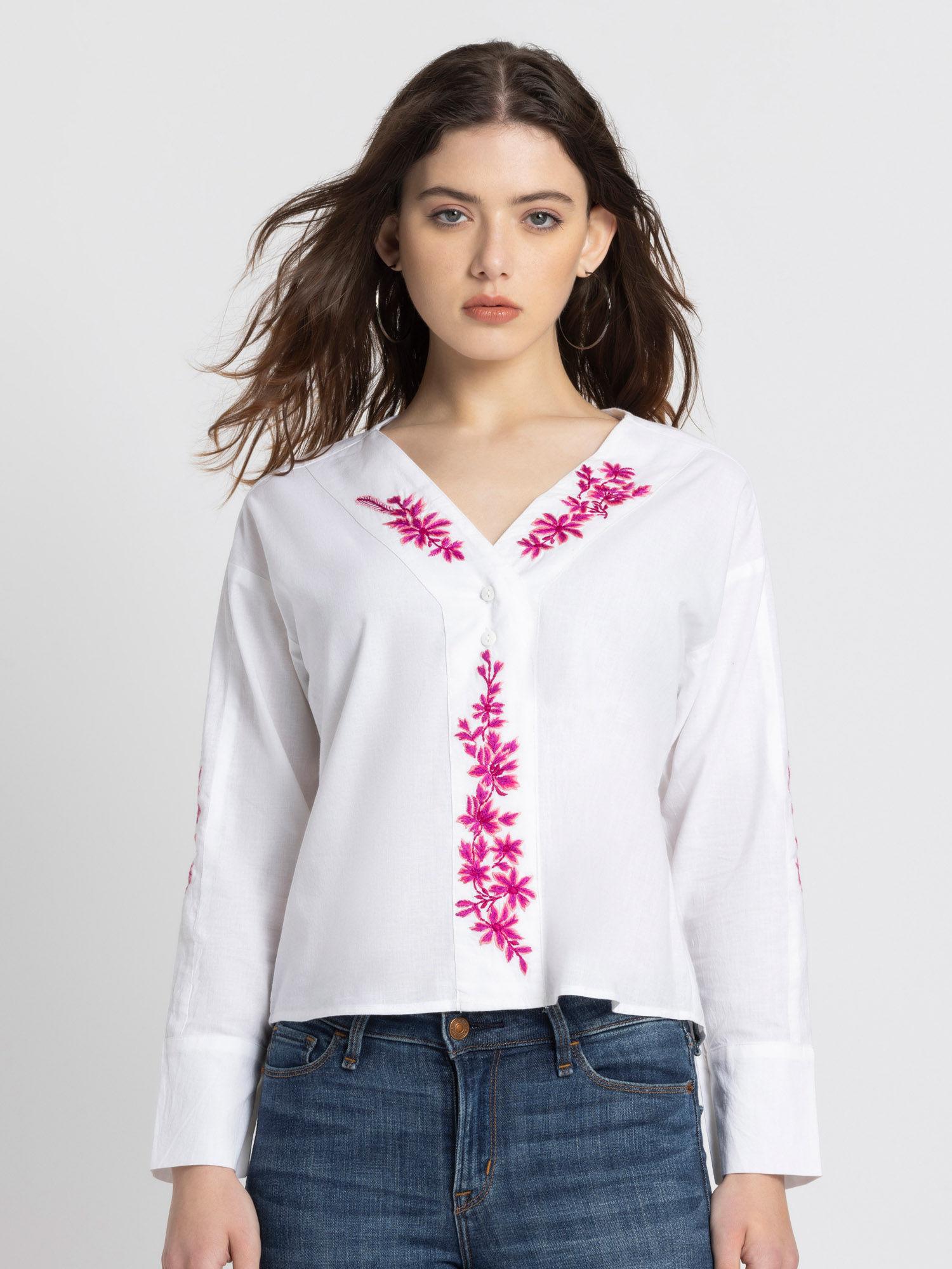 v-neck white embroidered long sleeves casual top for women