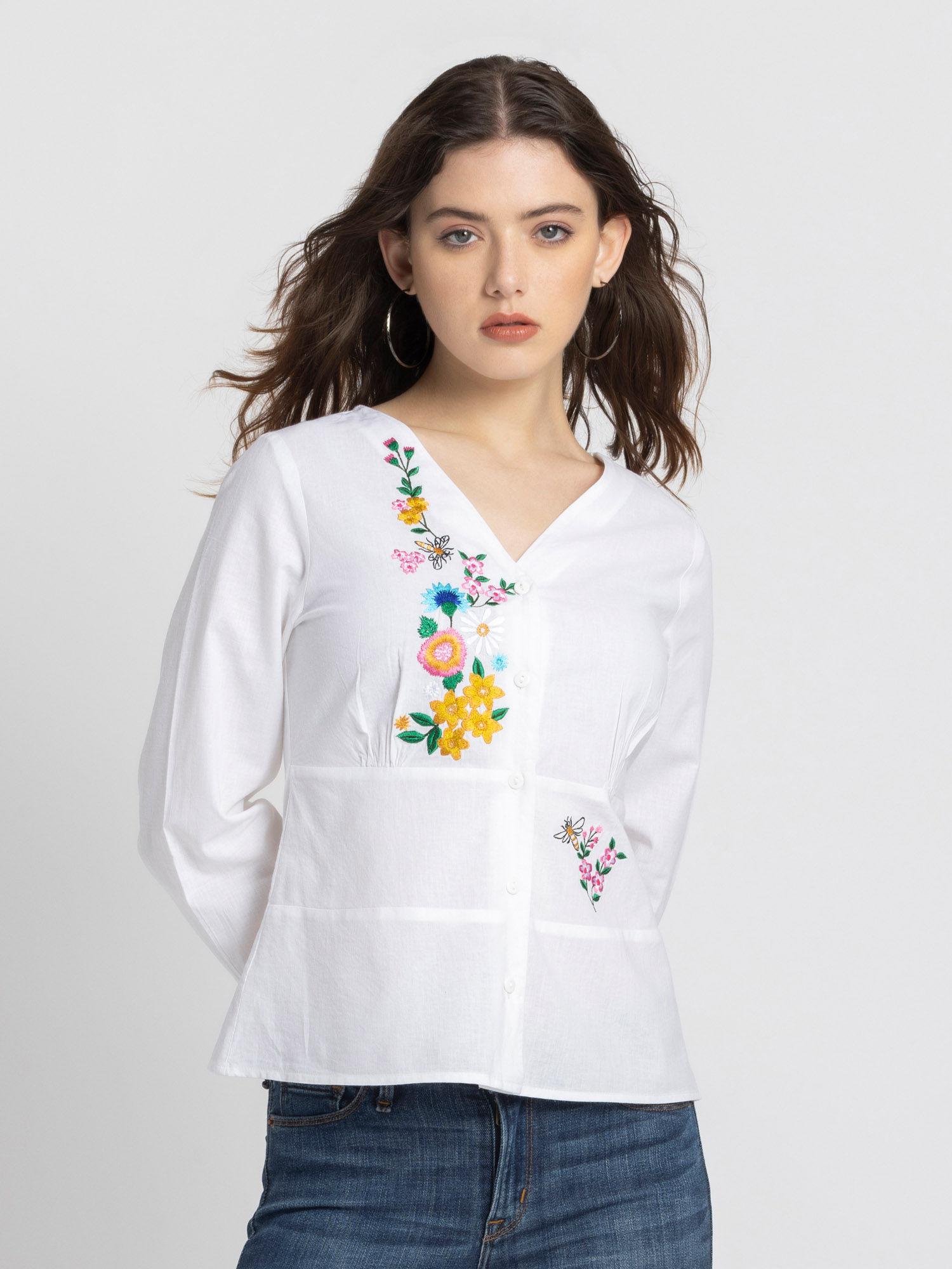 v-neck white embroidered long sleeves casual top for women