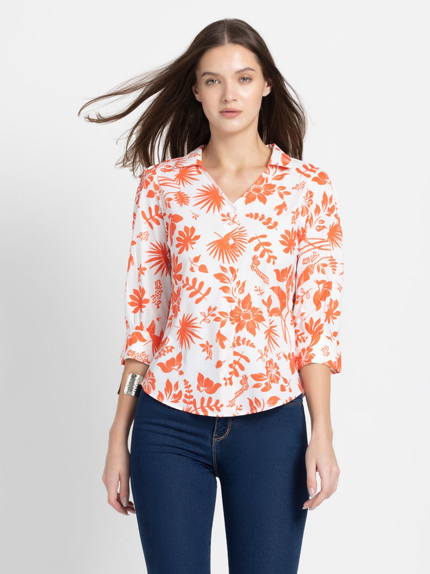 v-neck white floral print three-quarter sleeves casual shirts for women