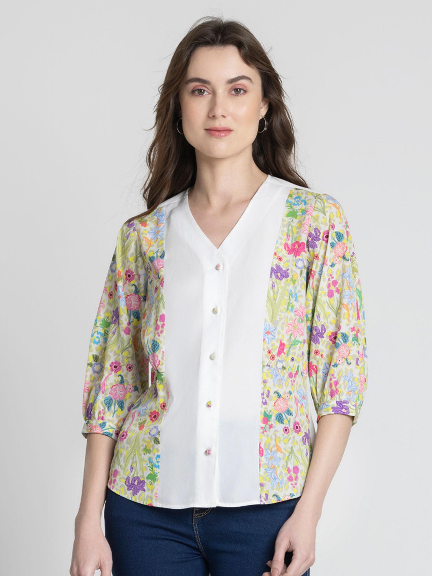 v-neck white floral print three-quarter sleeves casual top for women