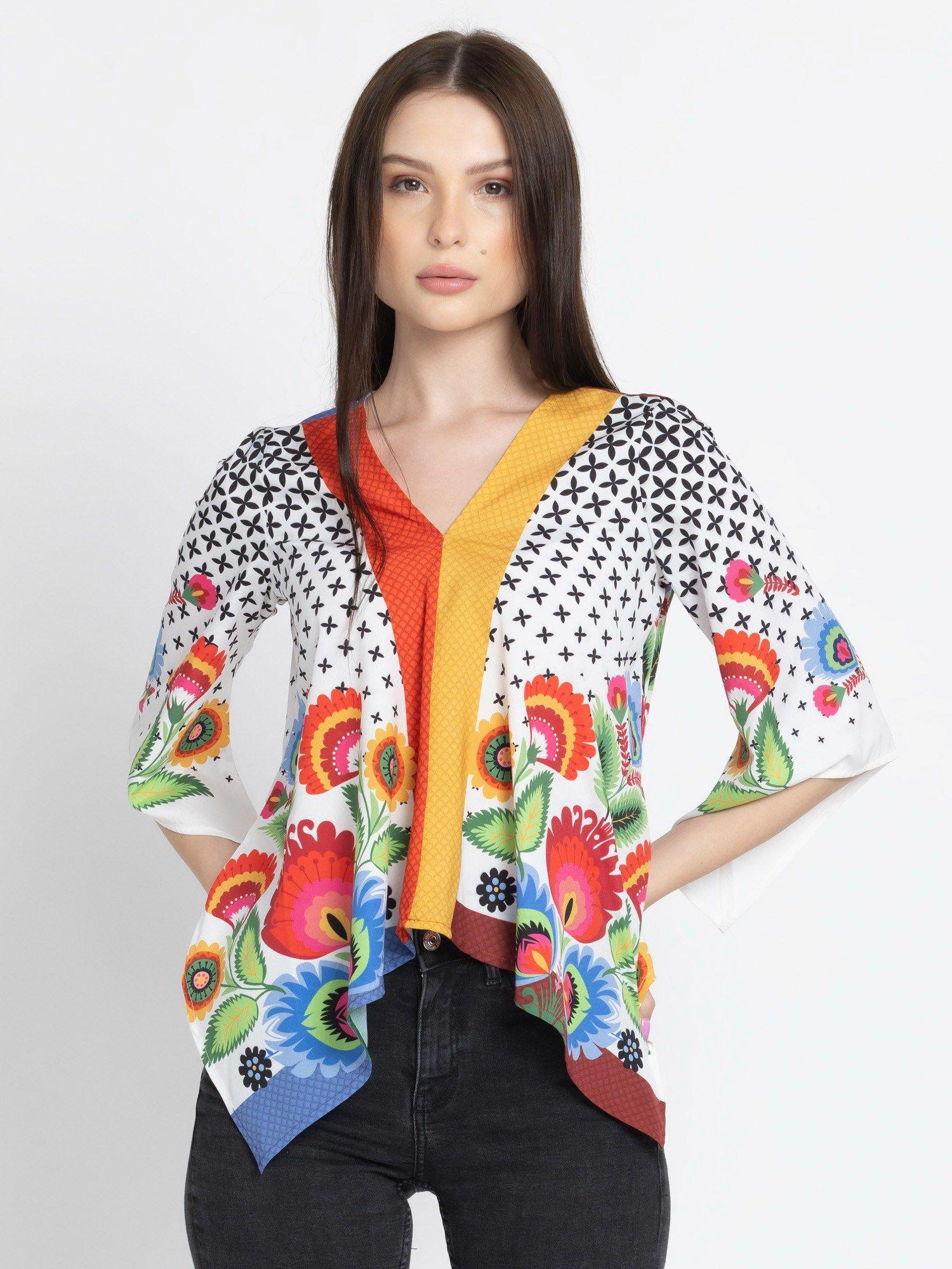 v-neck white floral printed long sleeves casual top for women