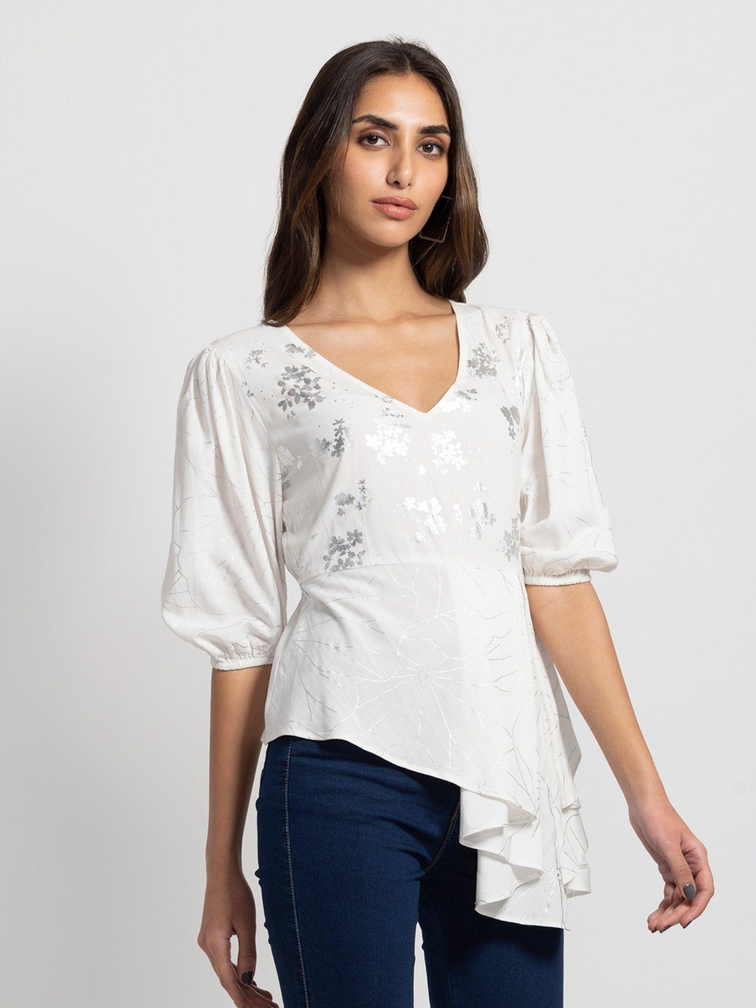 v-neck white floral three-quarter sleeves casual top for women