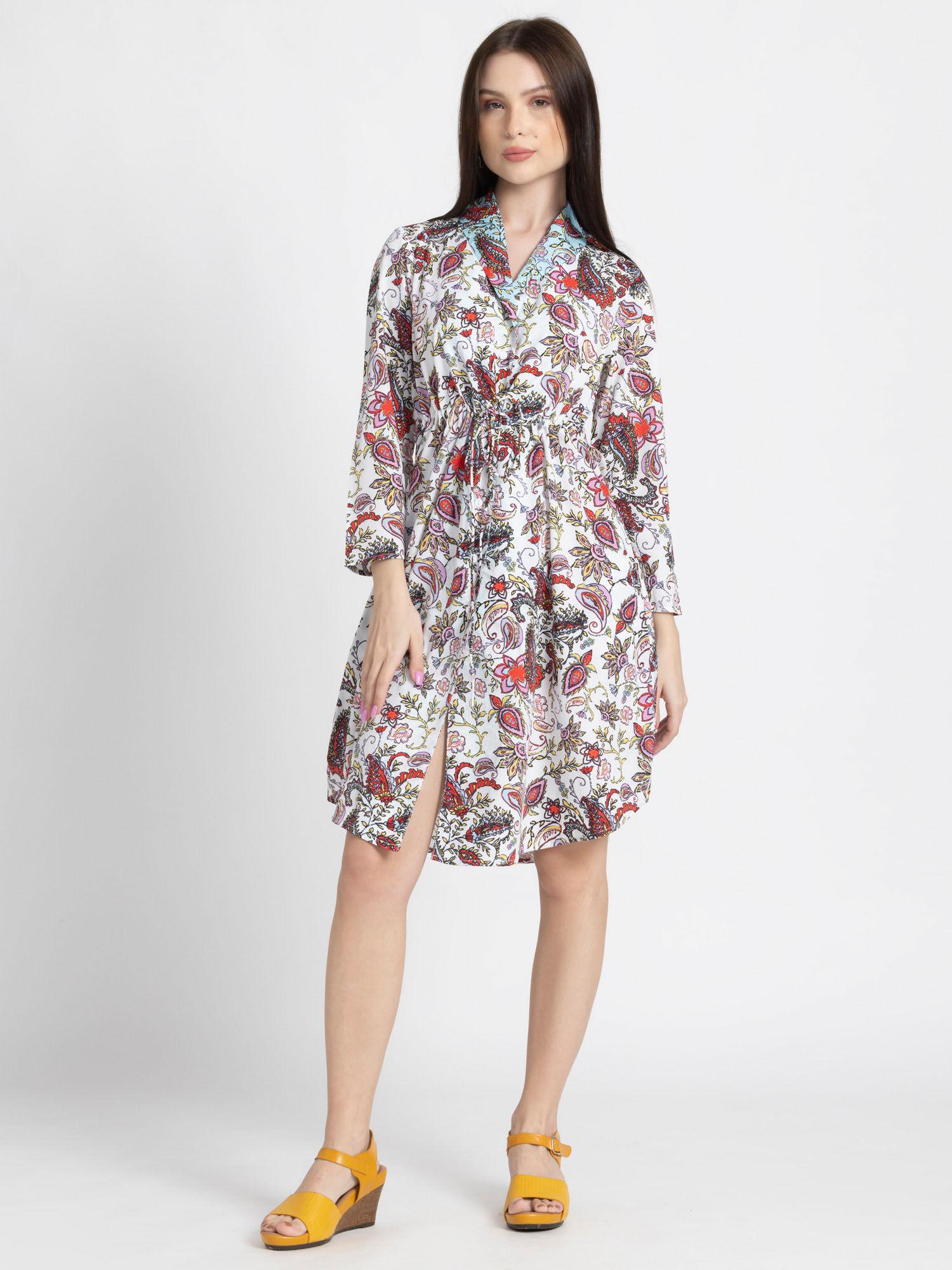 v-neck white printed three-quarter sleeves casual dress for women