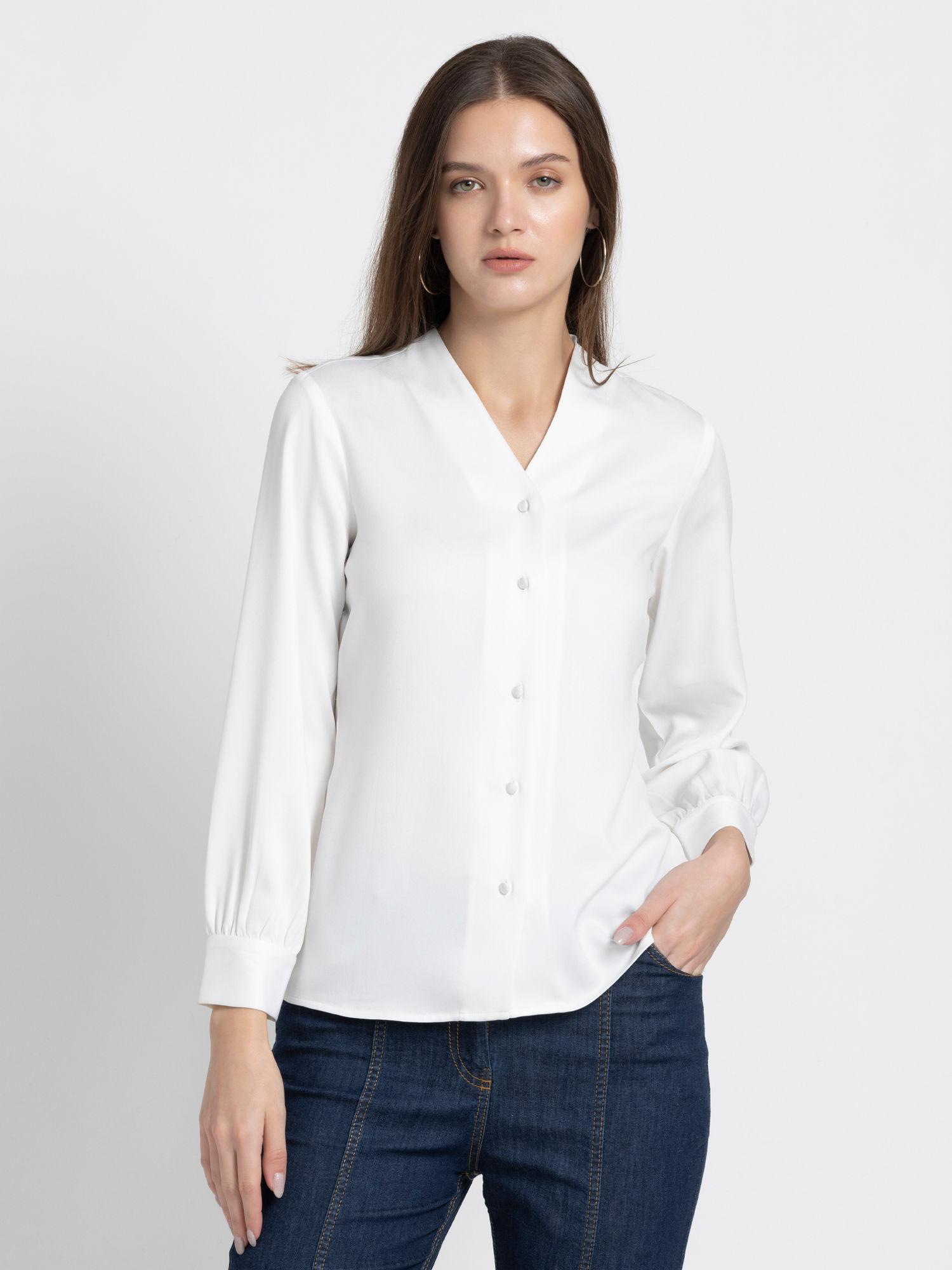 v-neck white solid long sleeves casual shirt for women