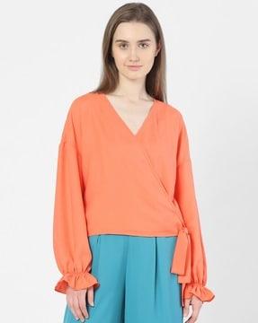 v-neck wrap top with bishop sleeves