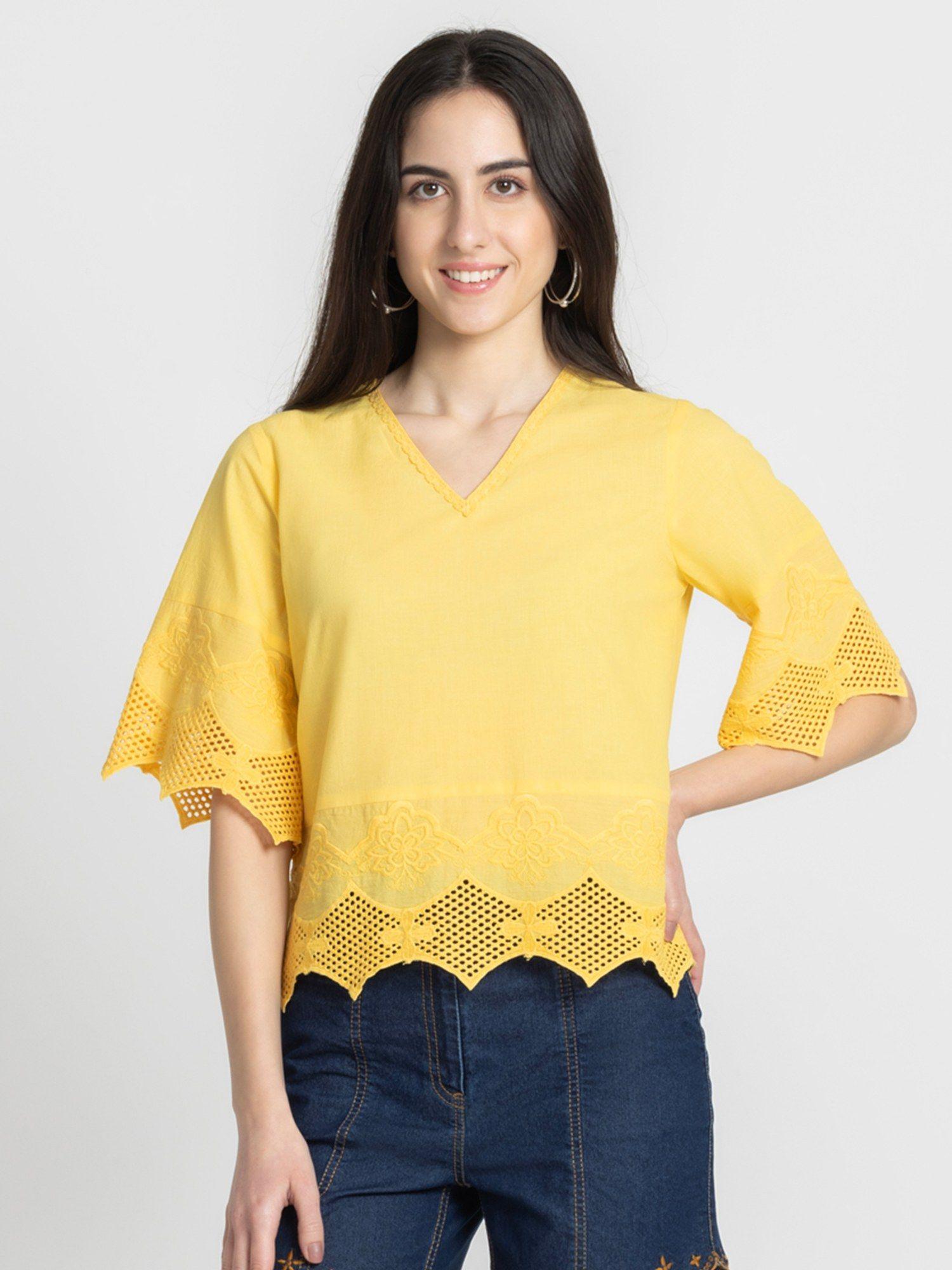 v-neck yellow solid three-quarter sleeves casual top for women