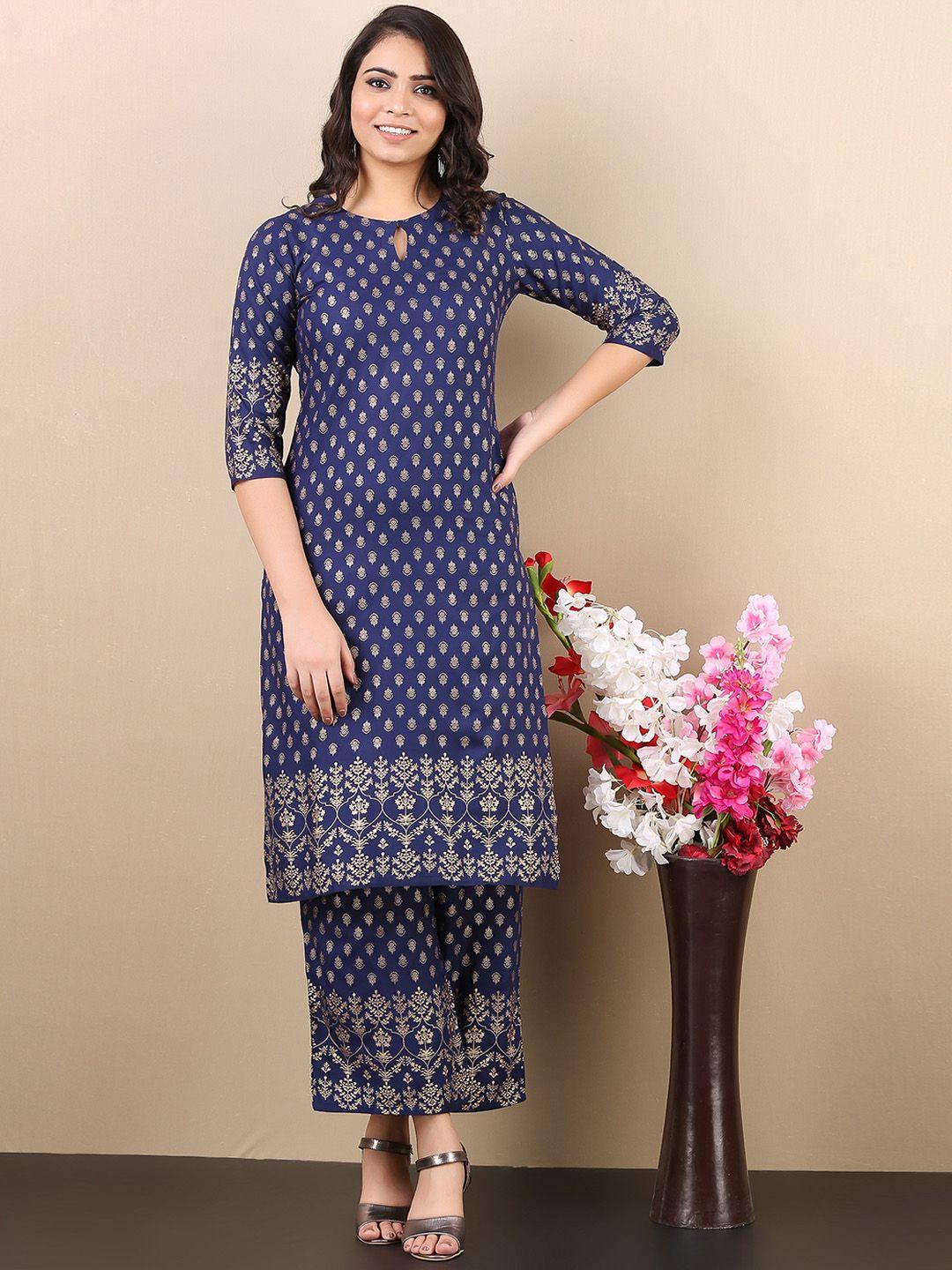 v tradition  ethnic motifs printed keyhole neck kurta with trousers