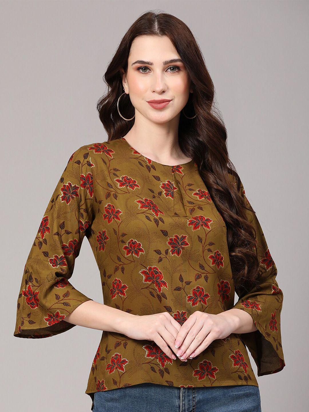 v tradition brown floral print bell sleeve top