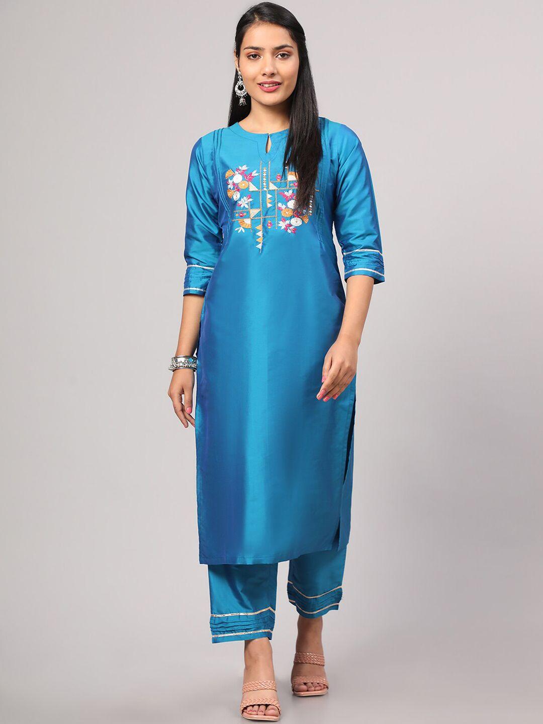 v tradition embroidered keyhole neck kurta with trousers