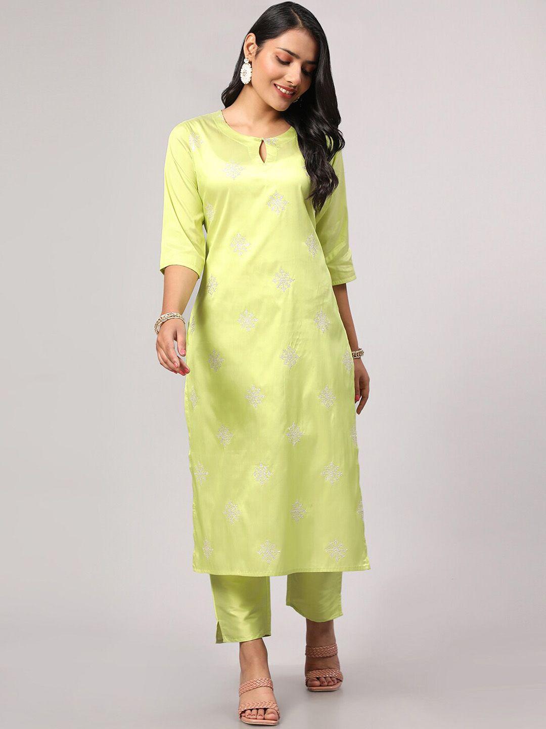 v tradition ethnic motif embroidered keyhole neck kurta with trousers