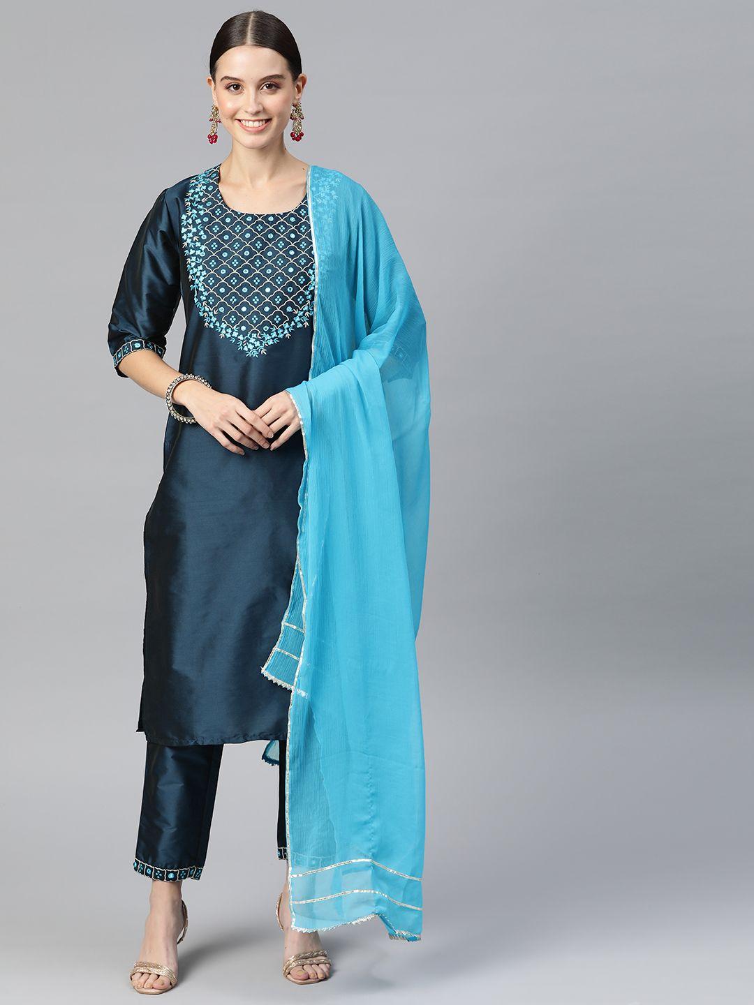 v tradition ethnic motifs embroidered mirror work kurta with trousers & dupatta