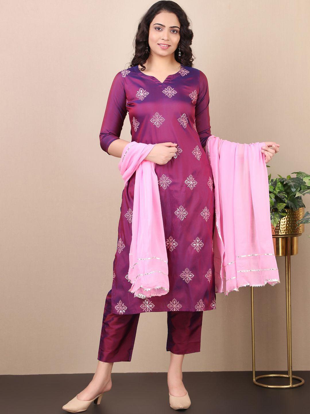 v tradition ethnic motifs embroidered thread work kurta with trousers & dupatta