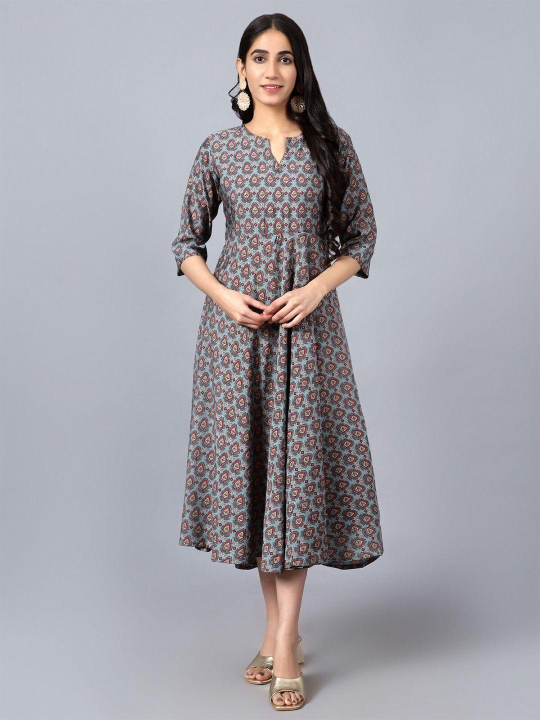 v tradition ethnic printed cotton a-line midi dress