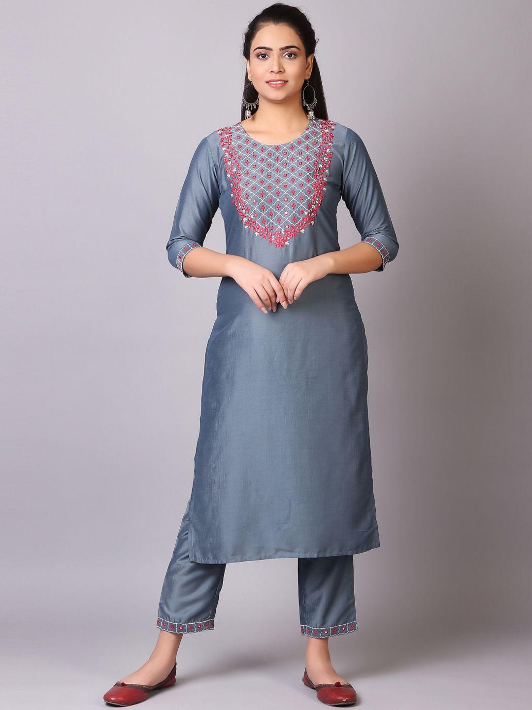 v tradition floral embroidered mirror work kurta with palazzo & dupatta