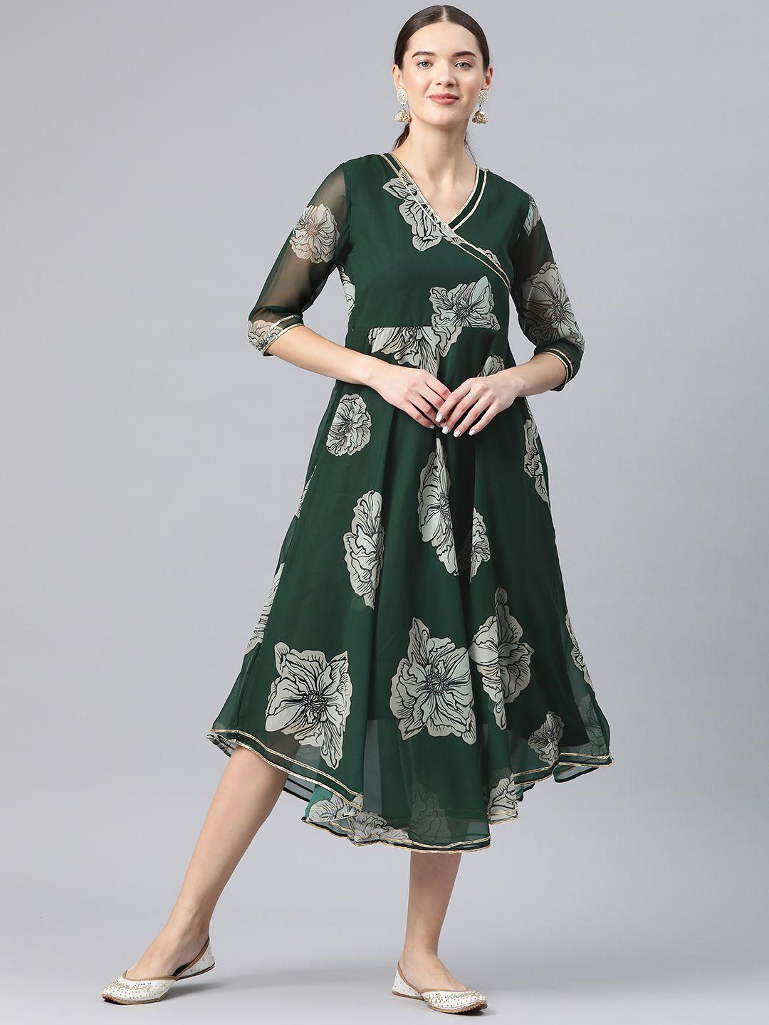 v tradition floral print georgette a-line midi dress