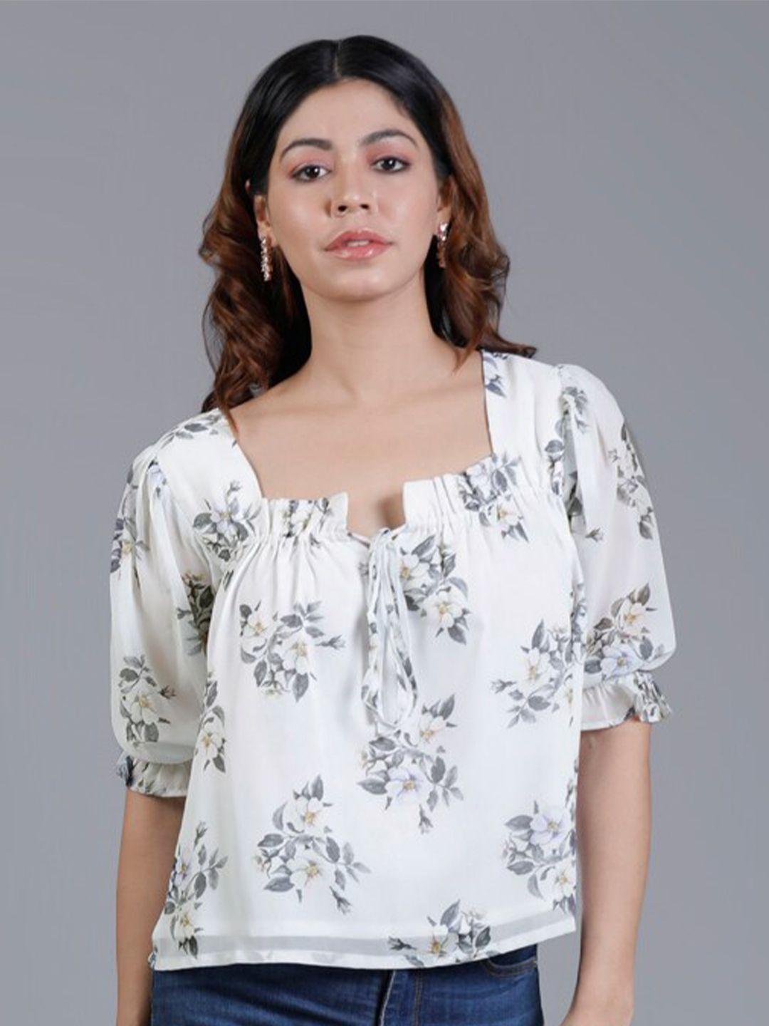 v tradition floral print puff sleeve georgette blouson top
