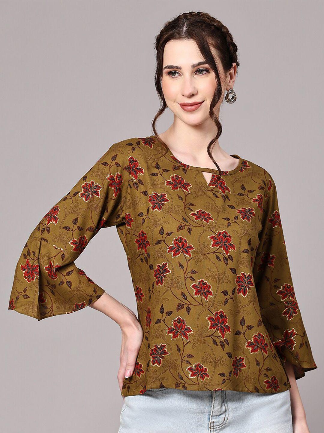 v tradition floral printed bell sleeve top