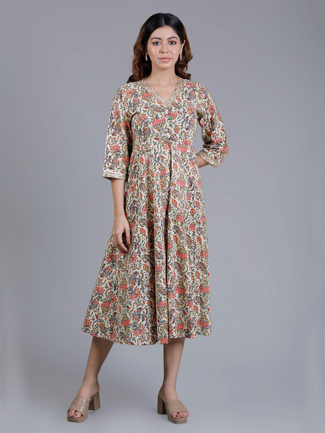 v tradition floral printed cotton a-line midi dress