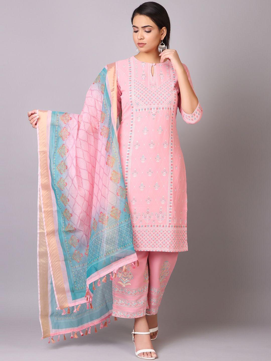 v tradition floral printed keyhole neck kurta with trousers & dupatta