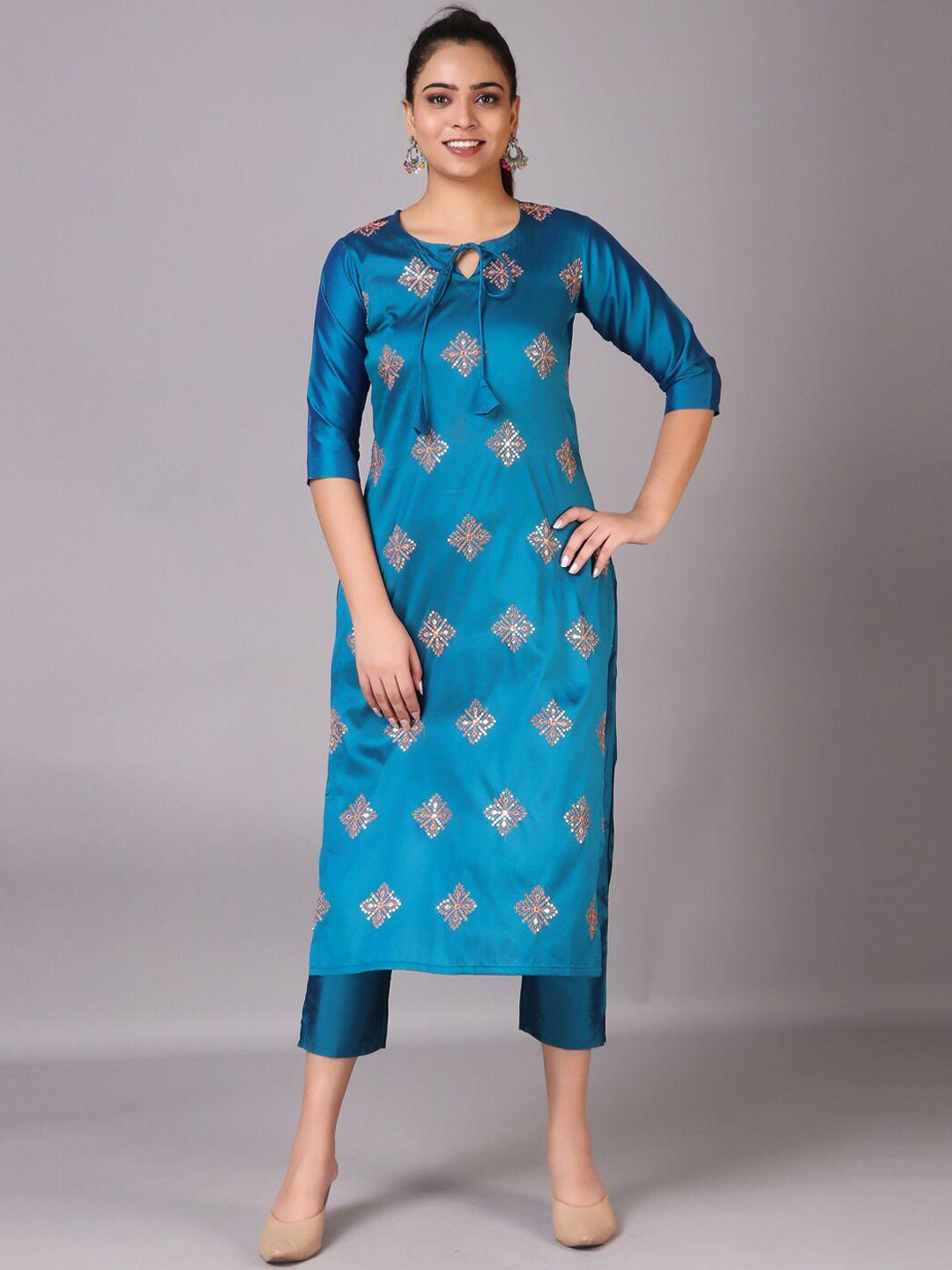 v tradition floral printed tie up neck sequinned kurta with trousers & dupatta