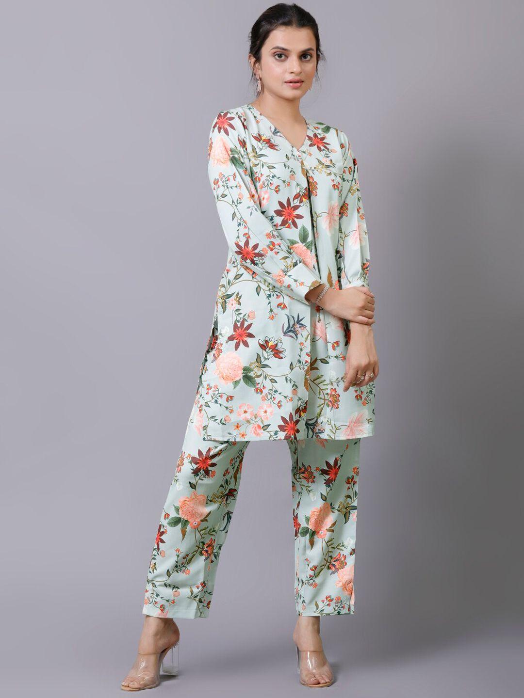 v tradition floral printed v-neck kurta with trousers