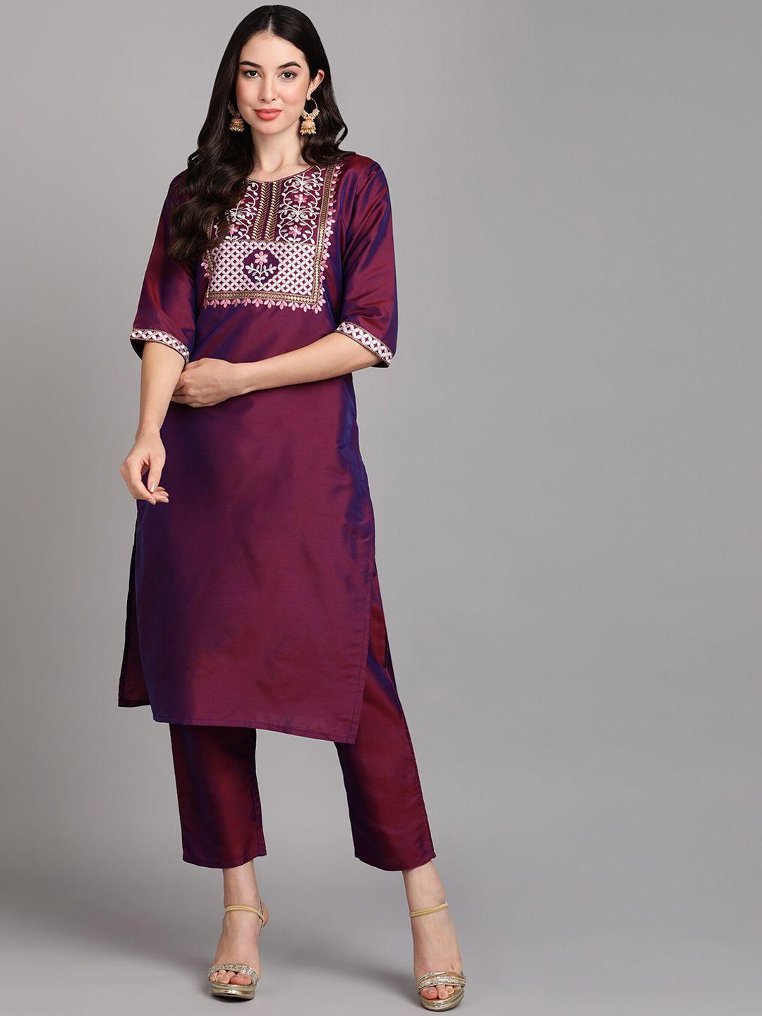 v tradition floral yoke design regular kurta with trousers