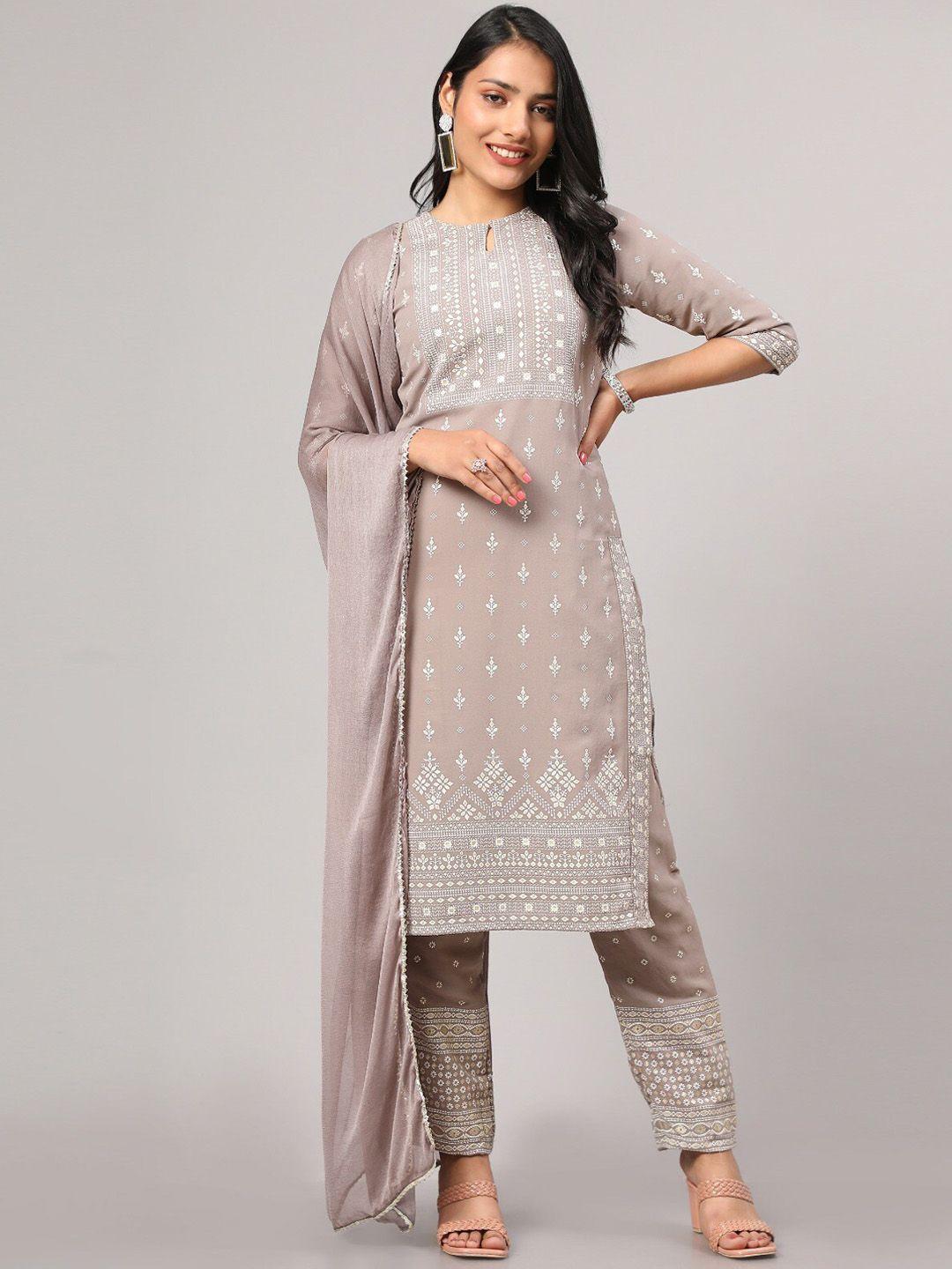 v tradition keyhole neck ethnic motifs printed kurta with trousers & with dupatta