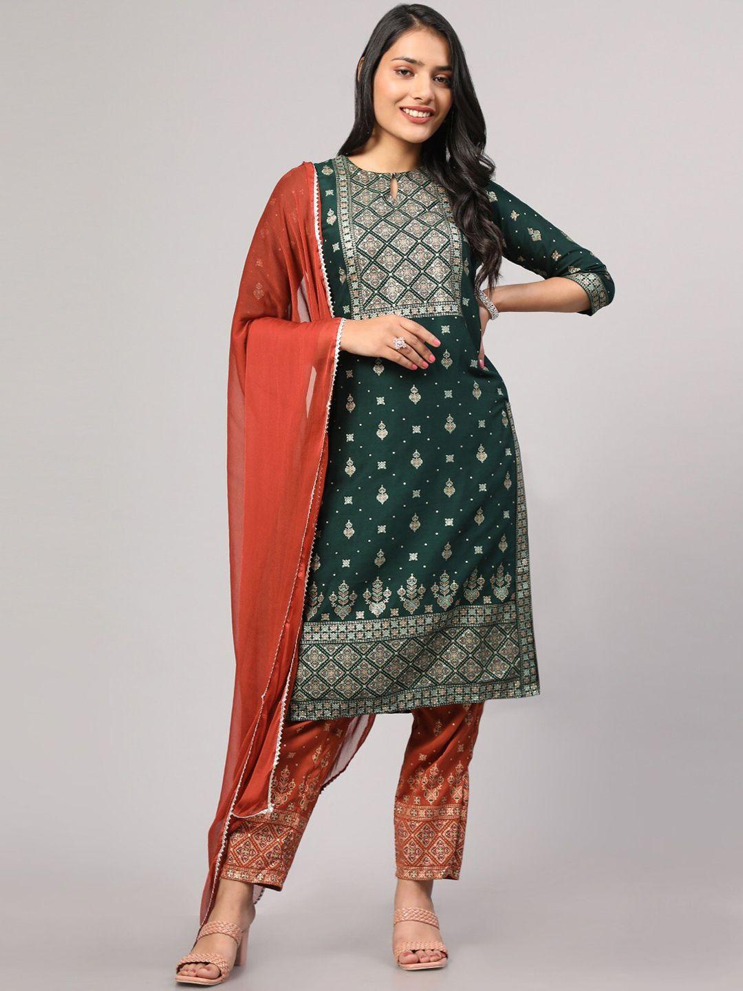 v tradition keyhole neck ethnic motifs printed regular kurta with trousers & with dupatta