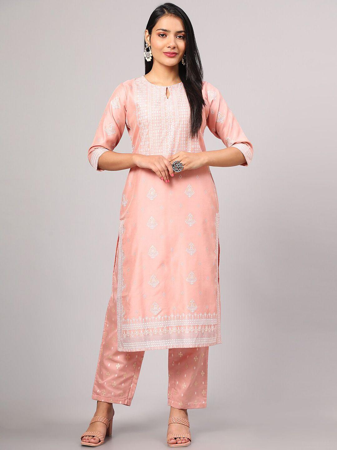 v tradition printed keyhole neck straight kurta with trousers