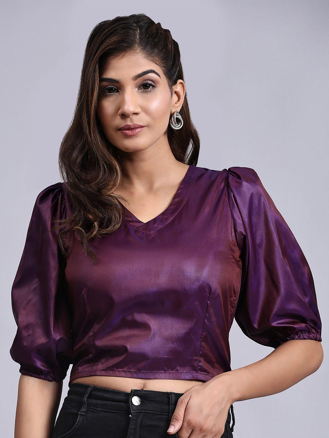 v tradition purple puff sleeve crepe crop top