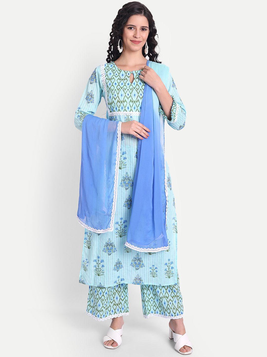 v tradition women blue & green ethnic motifs printed kurta with palazzos & with dupatta