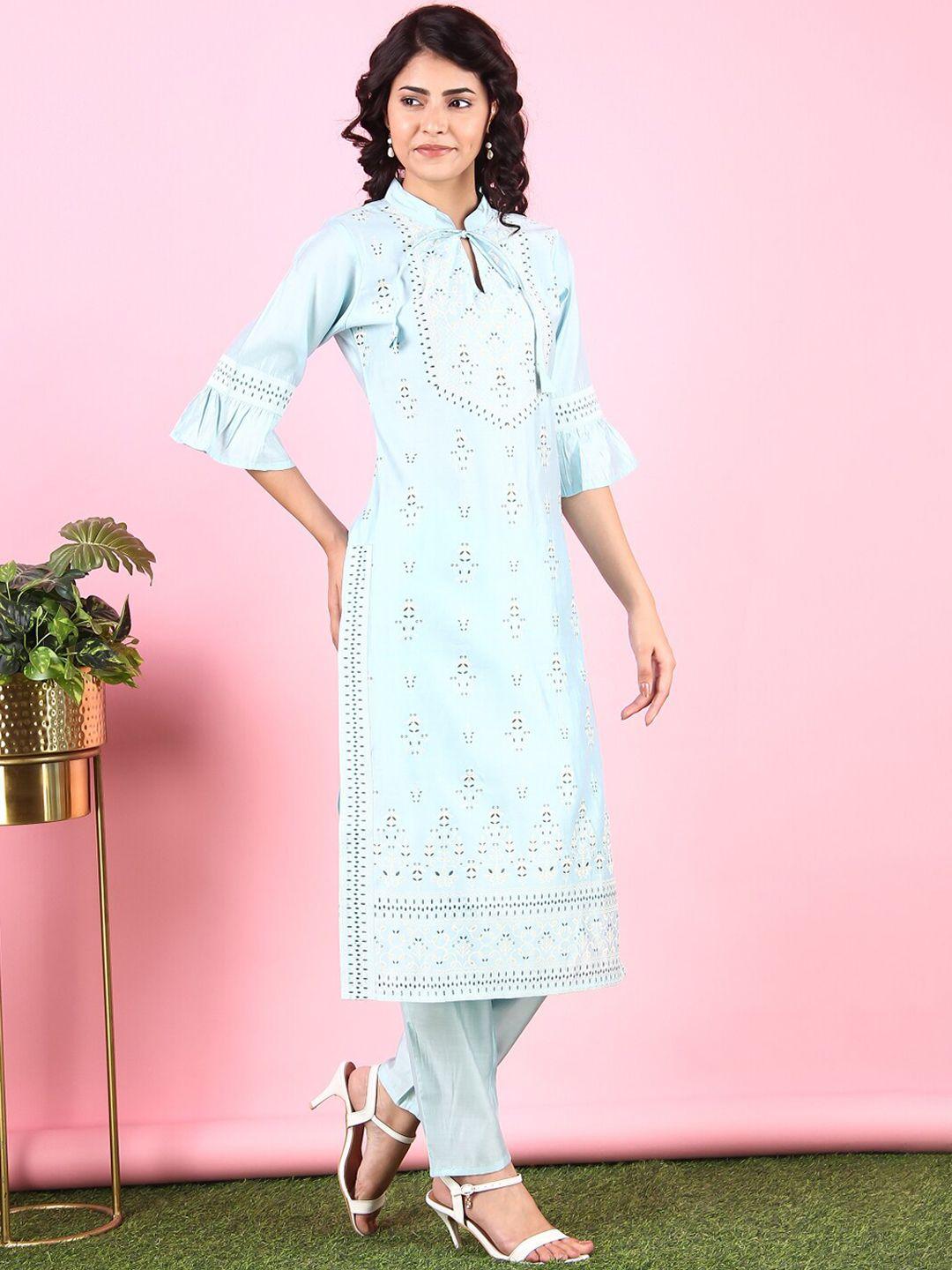 v tradition women blue ethnic motifs printed kurta with trouser