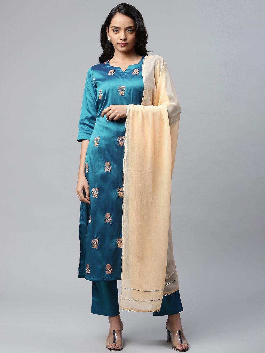 v tradition women blue floral embroidered kurta with palazzos & with dupatta