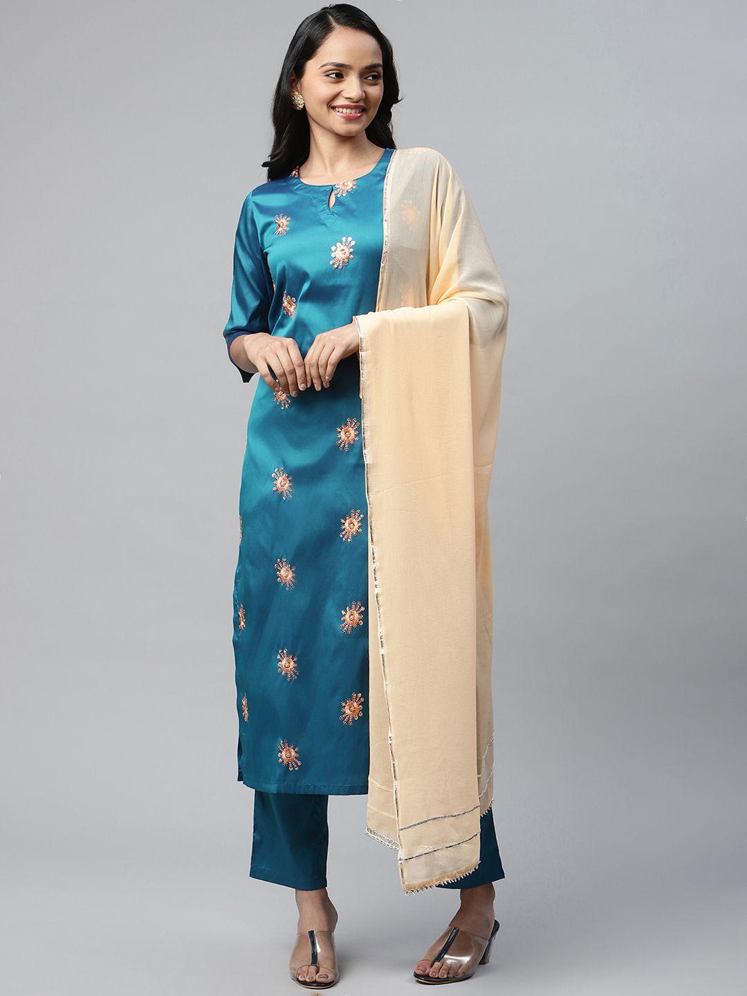 v tradition women blue floral embroidered kurta with palazzos & with dupatta