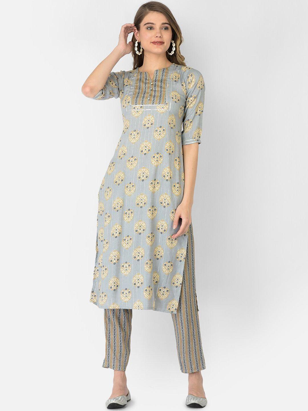 v tradition women blue floral printed gotta patti kurti with trousers