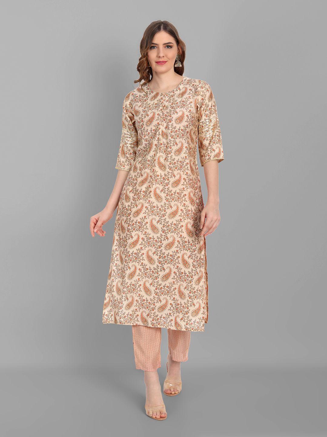 v tradition women cream-coloured floral printed gotta patti kurta with trousers