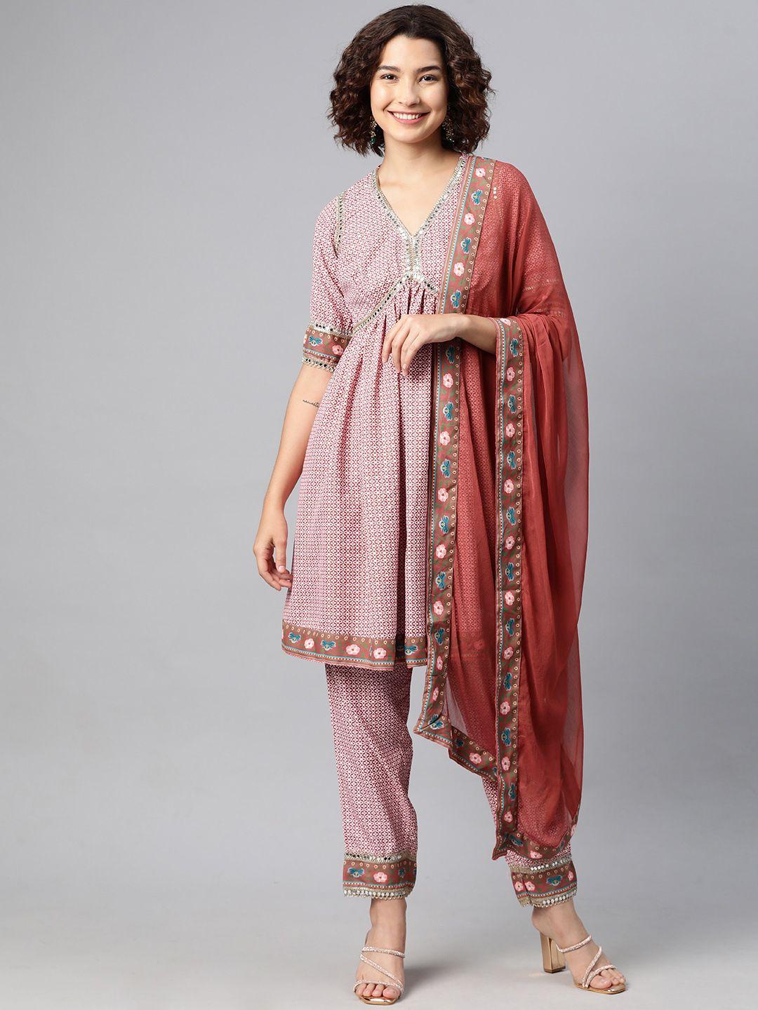 v tradition women ethnic motifs printed empire gotta patti kurta with trousers & dupatta