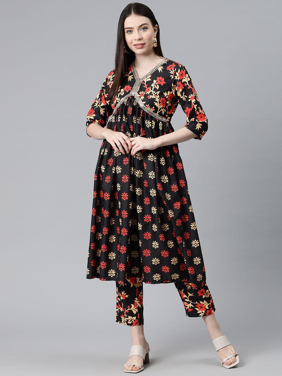 v tradition women floral printed pleated gotta patti kurta with trousers