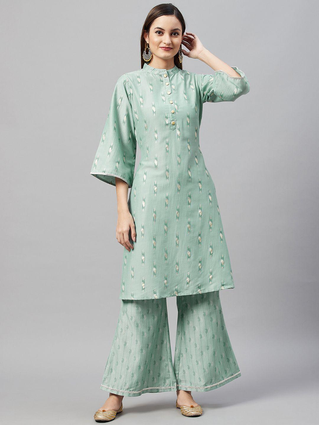 v tradition women green & gold-toned print kurta with palazzos