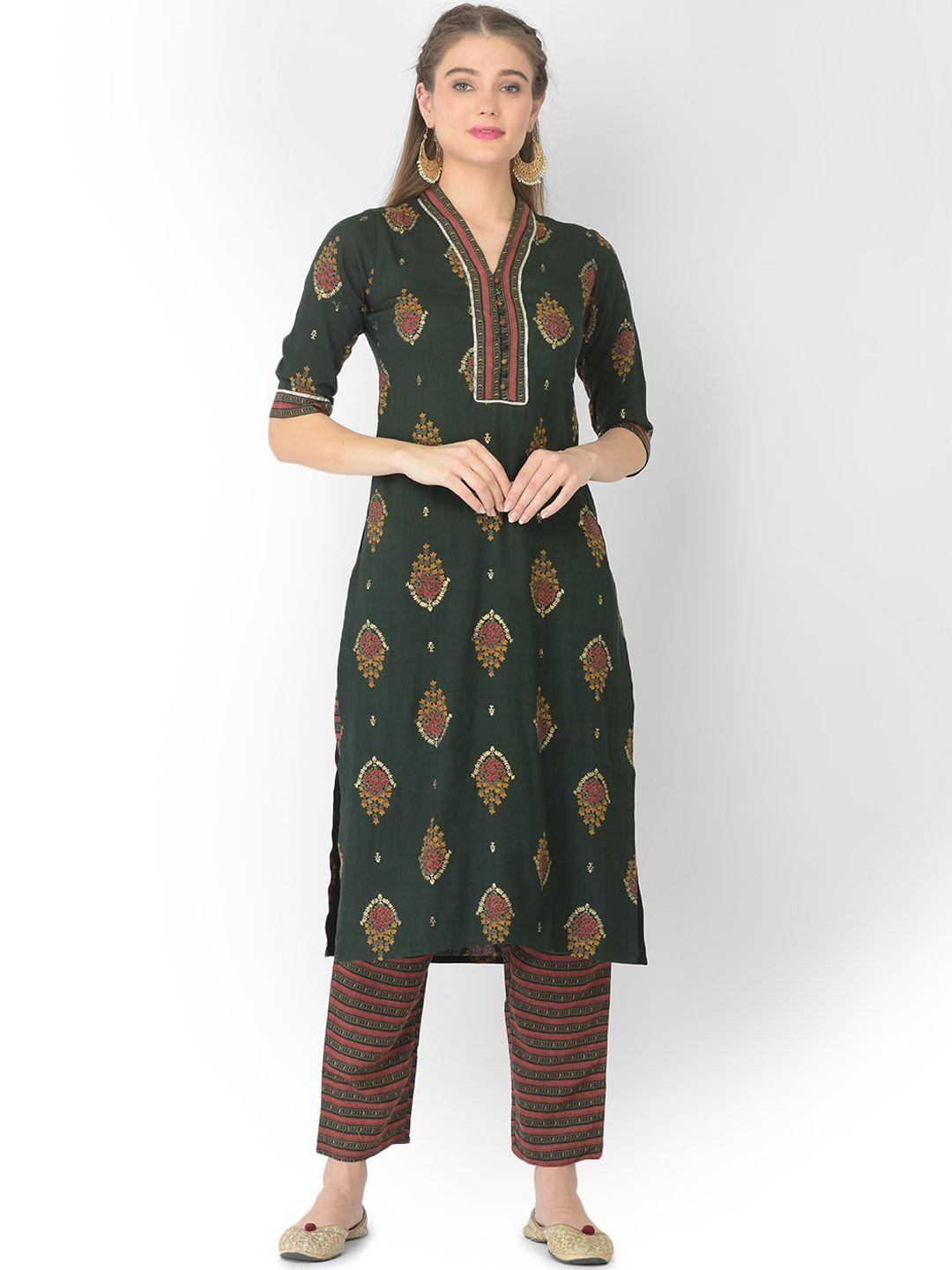 v tradition women green ethnic motifs printed gotta patti kurta with trousers