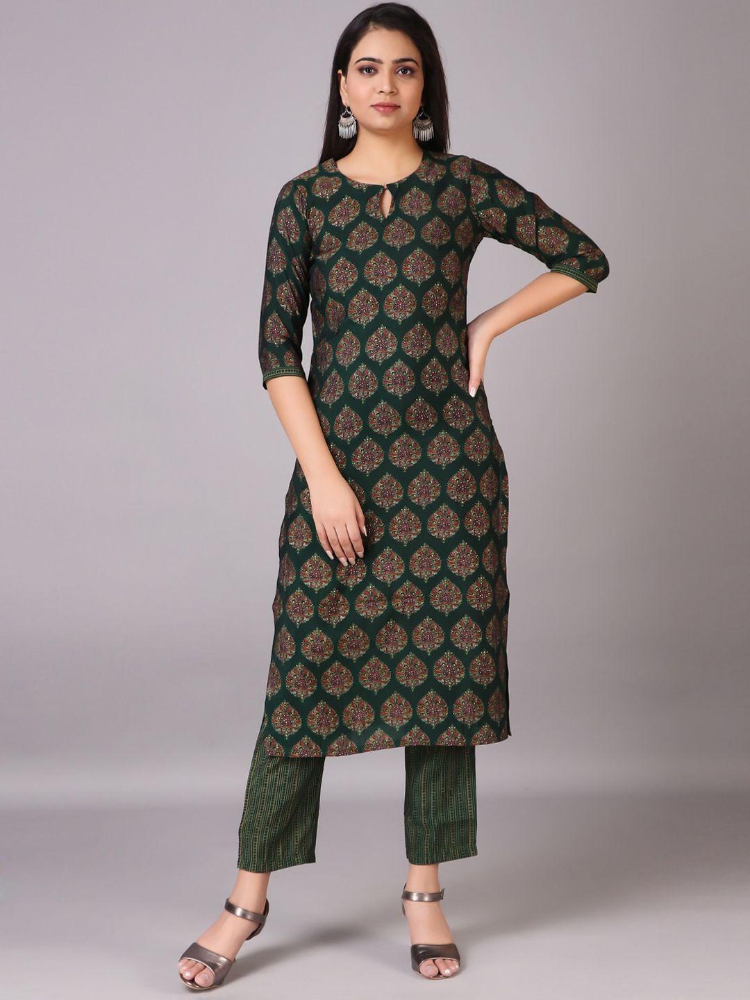 v tradition women green ethnic motifs printed kurta with trouser set